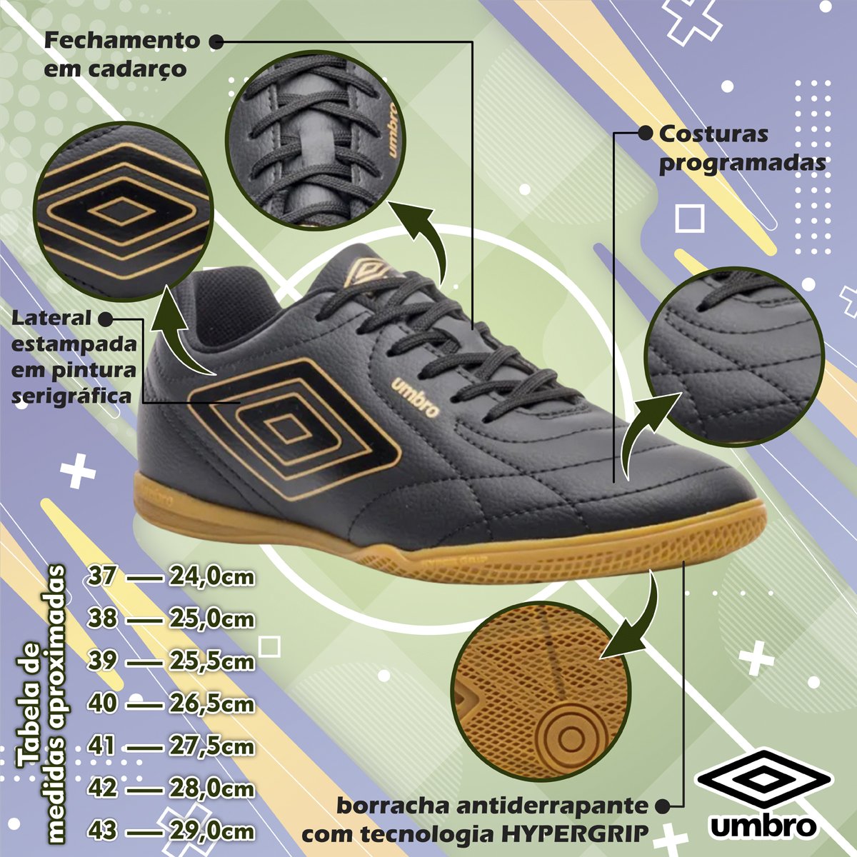 Chuteira Futsal Class Footballer Masculina Umbro Preto/Dourado 2
