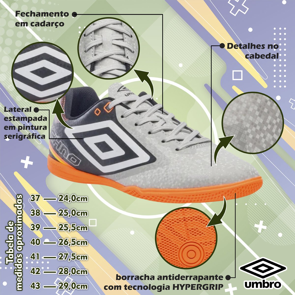 Chuteira Futsal Masculina Umbro Techno II F Cinza/Preto/Branco 2