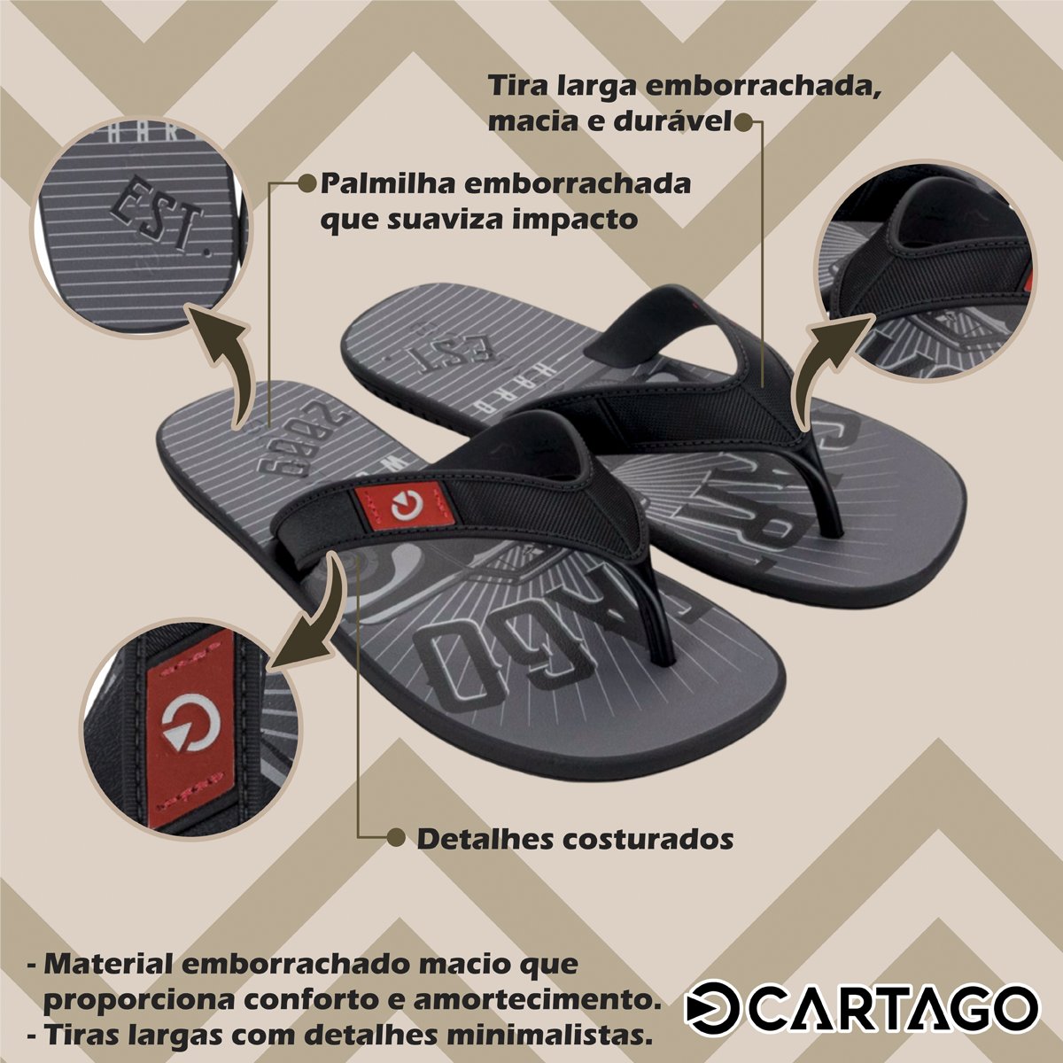 Chinelo Casual Tira Larga Masculino 10738 Cartago Preto 2