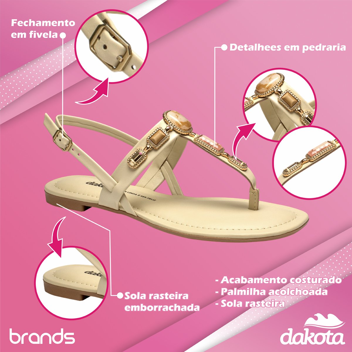 Sandália Rasteira com Pedraria e Ajuste em Fivela Feminina Dakota Creme 2