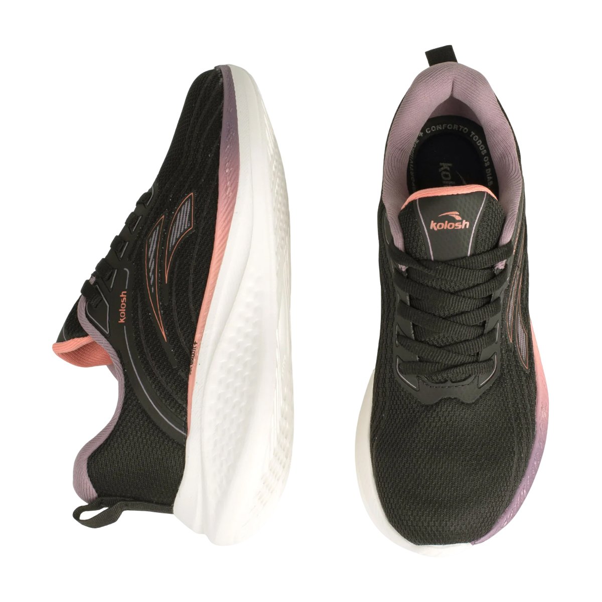 Tênis Esportivo Academia Caminhada Leve Solado E.V.A Fit+ Feminino Kolosh Preto/Rose/Lilás 8