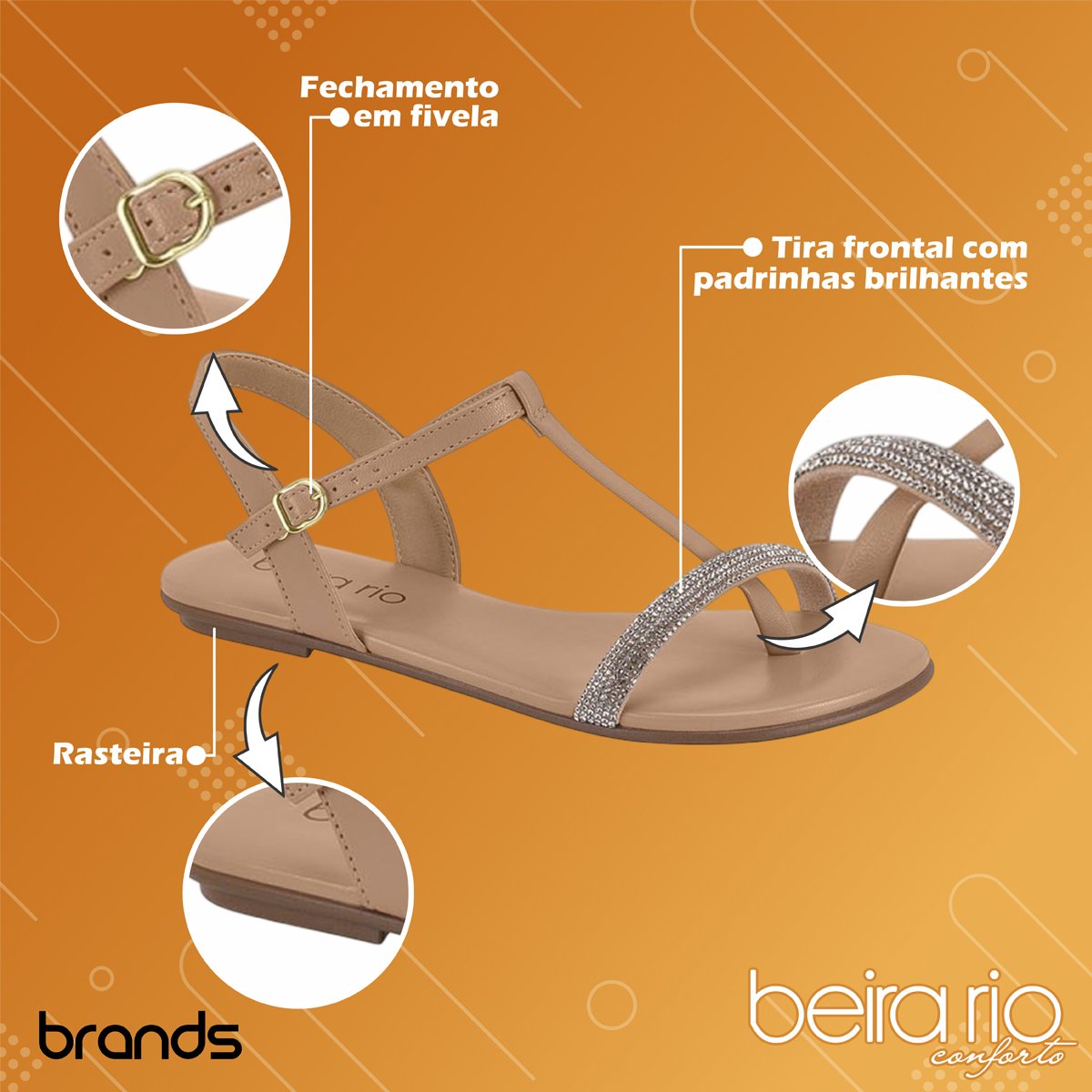 Sandália Rasteira Casual com Fechamento em Fivela Feminina Beira Rio Bege 2