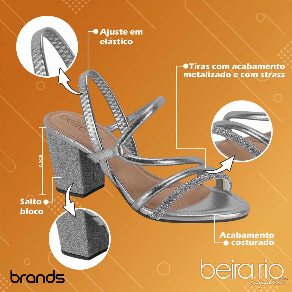 Sandália Festa Salto Bloco Médio Casual Metalizada Feminina Beira Rio Prata 2