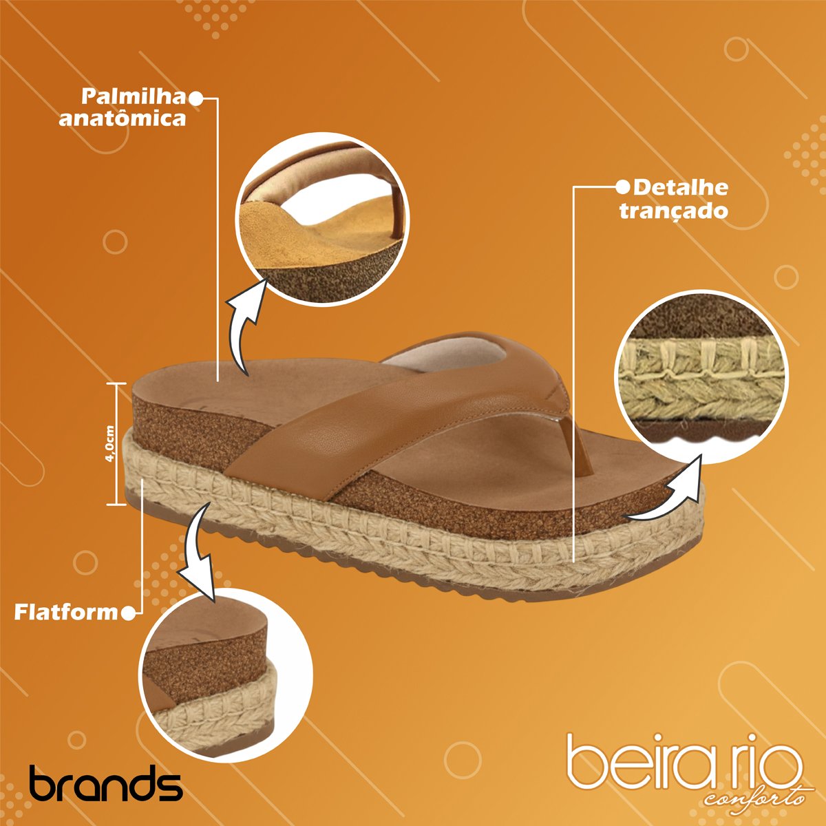 Chinelo Flatform Casual Comfort Verão Feminino Beira Rio Caramelo 2