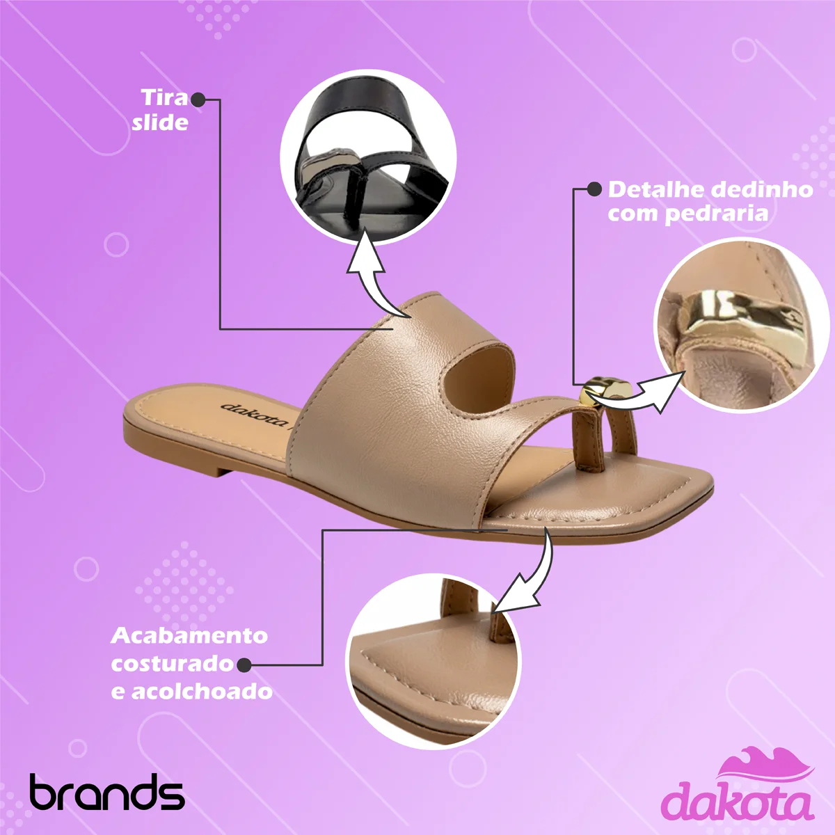 Sandália Rasteira Dedinho com Detalhe em Pedraria Feminina Dakota Capuccino 2