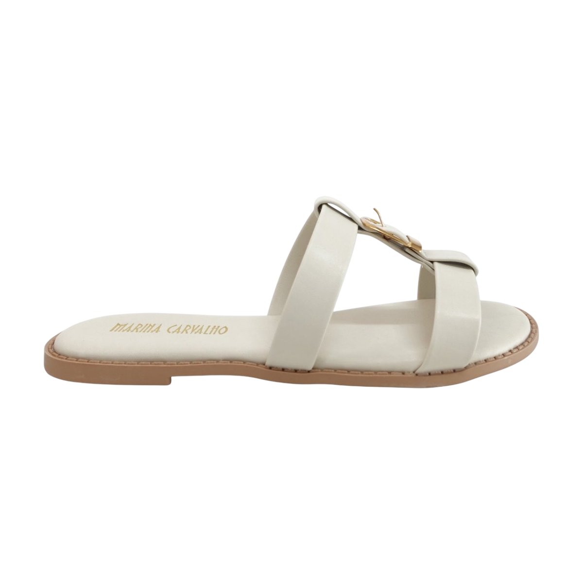 Sandália Slide Rasteira Detalhe Fivela Feminino Marina Carvalho Off White/Dourado 2