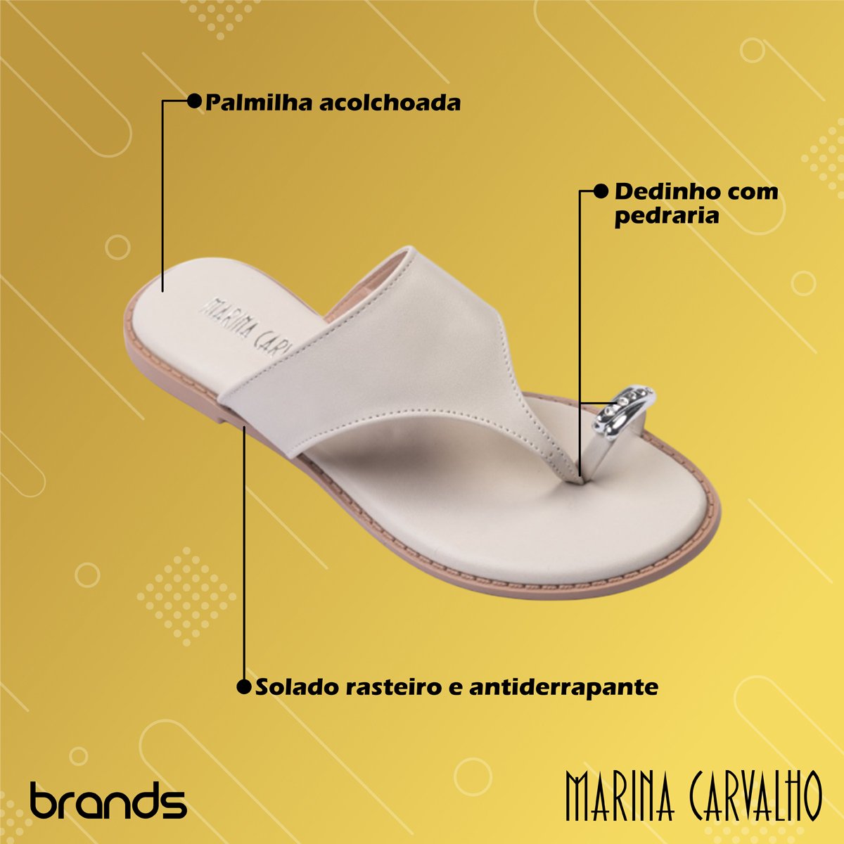 Sandália Rasteira Dedinho com Pedraria Feminina Marina Carvalho Off White 2