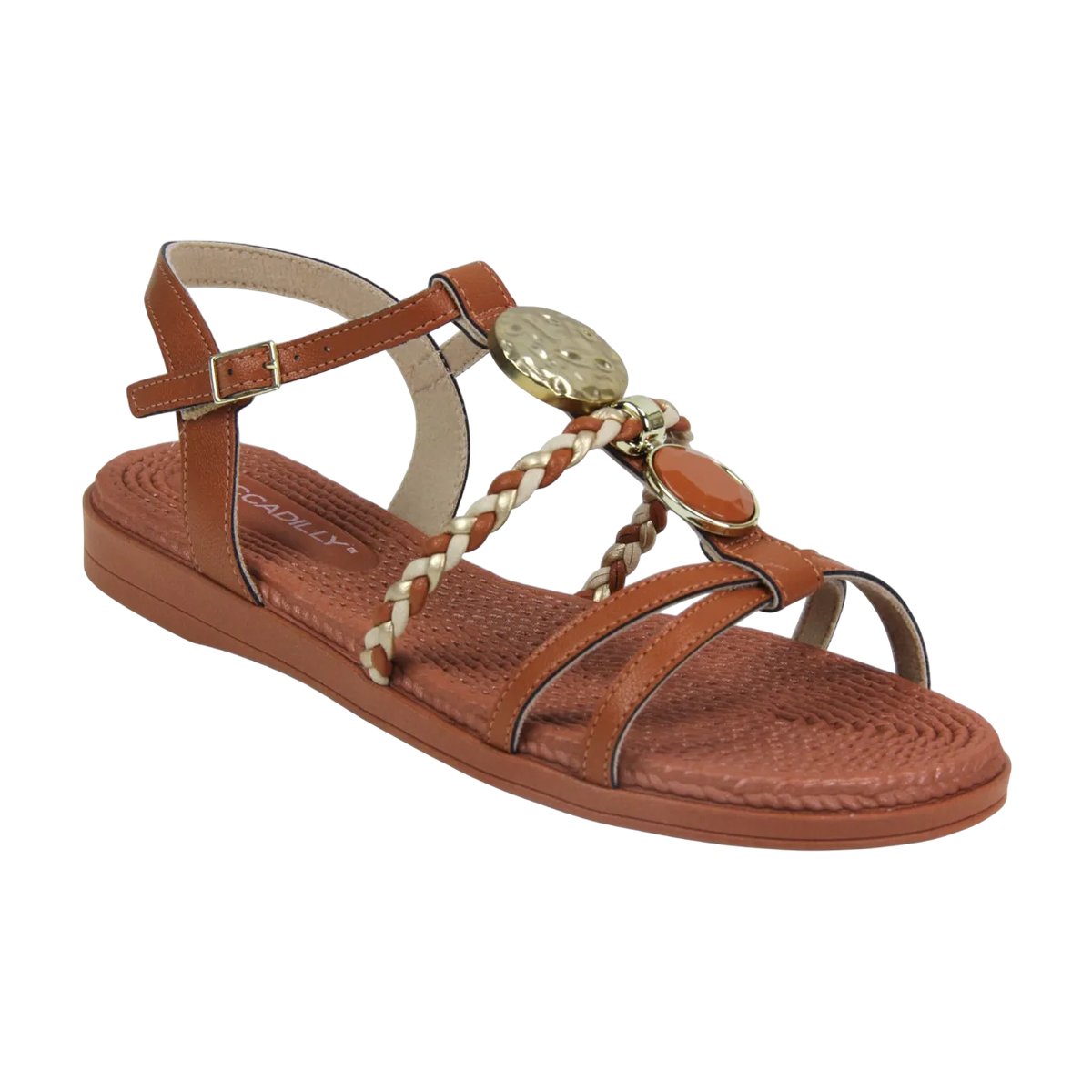 Sandália Rasteira Casual com Tiras Detalhadas Feminina Piccadilly Camel/Dourado 2