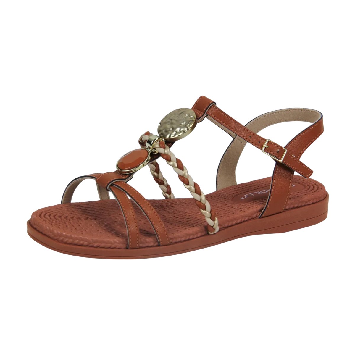 Sandália Rasteira Casual com Tiras Detalhadas Feminina Piccadilly Camel/Dourado 3