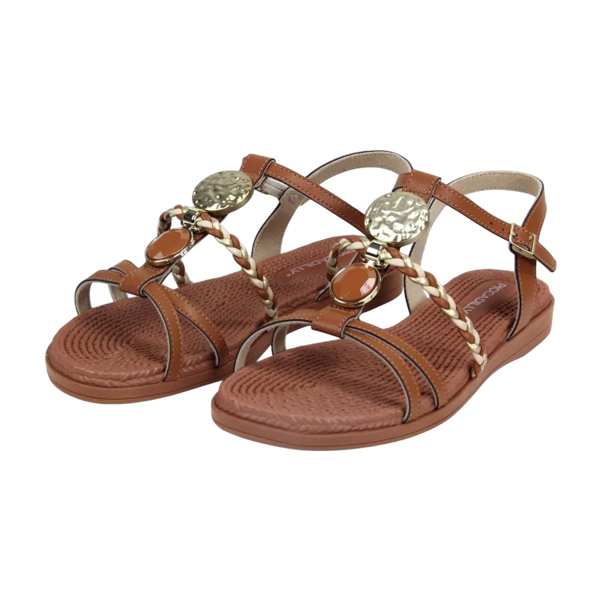 Sandália Rasteira Casual com Tiras Detalhadas Feminina Piccadilly Camel/Dourado 4