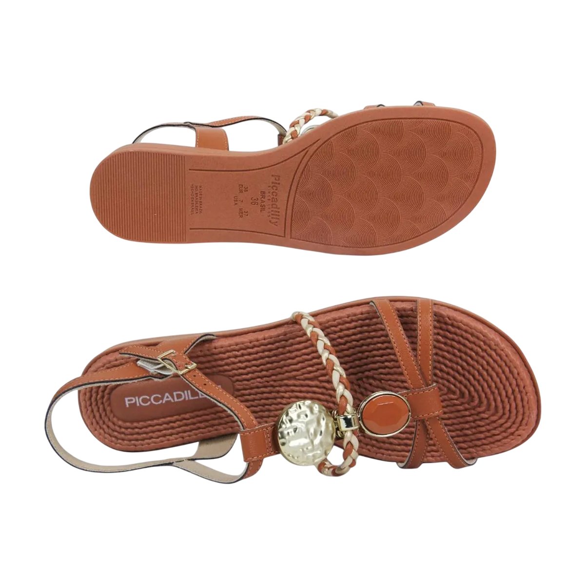 Sandália Rasteira Casual com Tiras Detalhadas Feminina Piccadilly Camel/Dourado 6