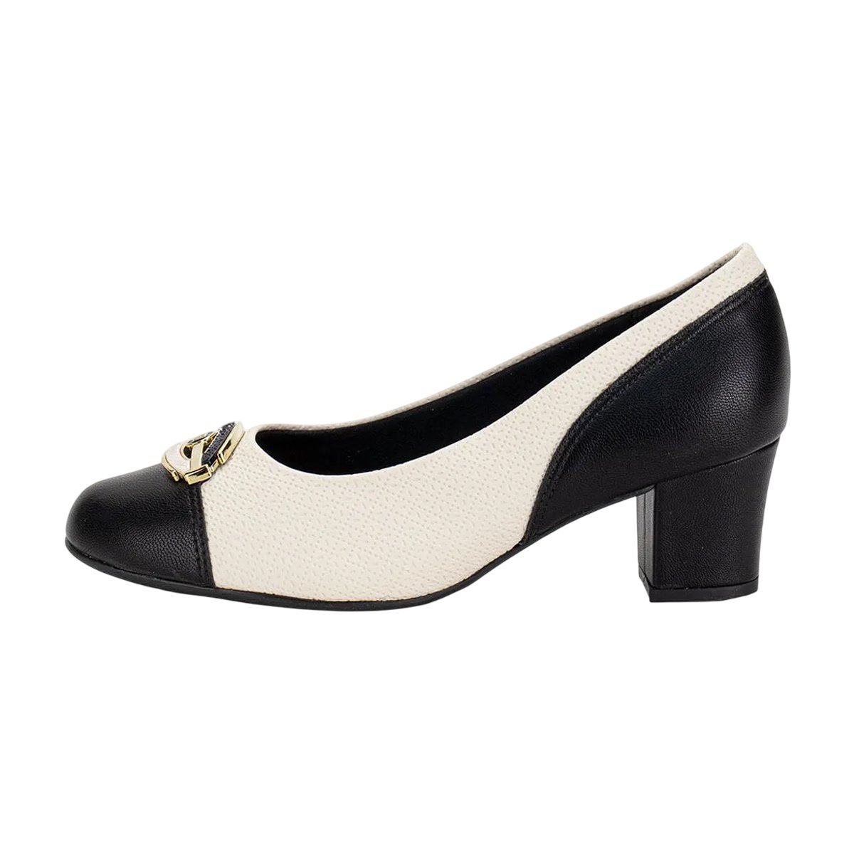 Sapato Social Salto Bloco Médio Confortável Feminino Piccadilly Off White/Preto/Napa 3