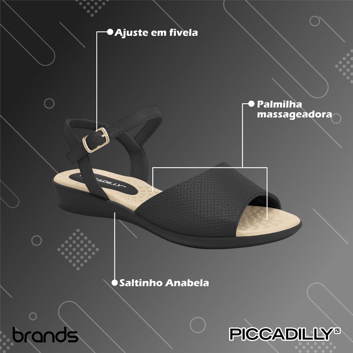 Sandália Feminina Ortopédica Conforto Anabela baixo Piccadilly Preto 2