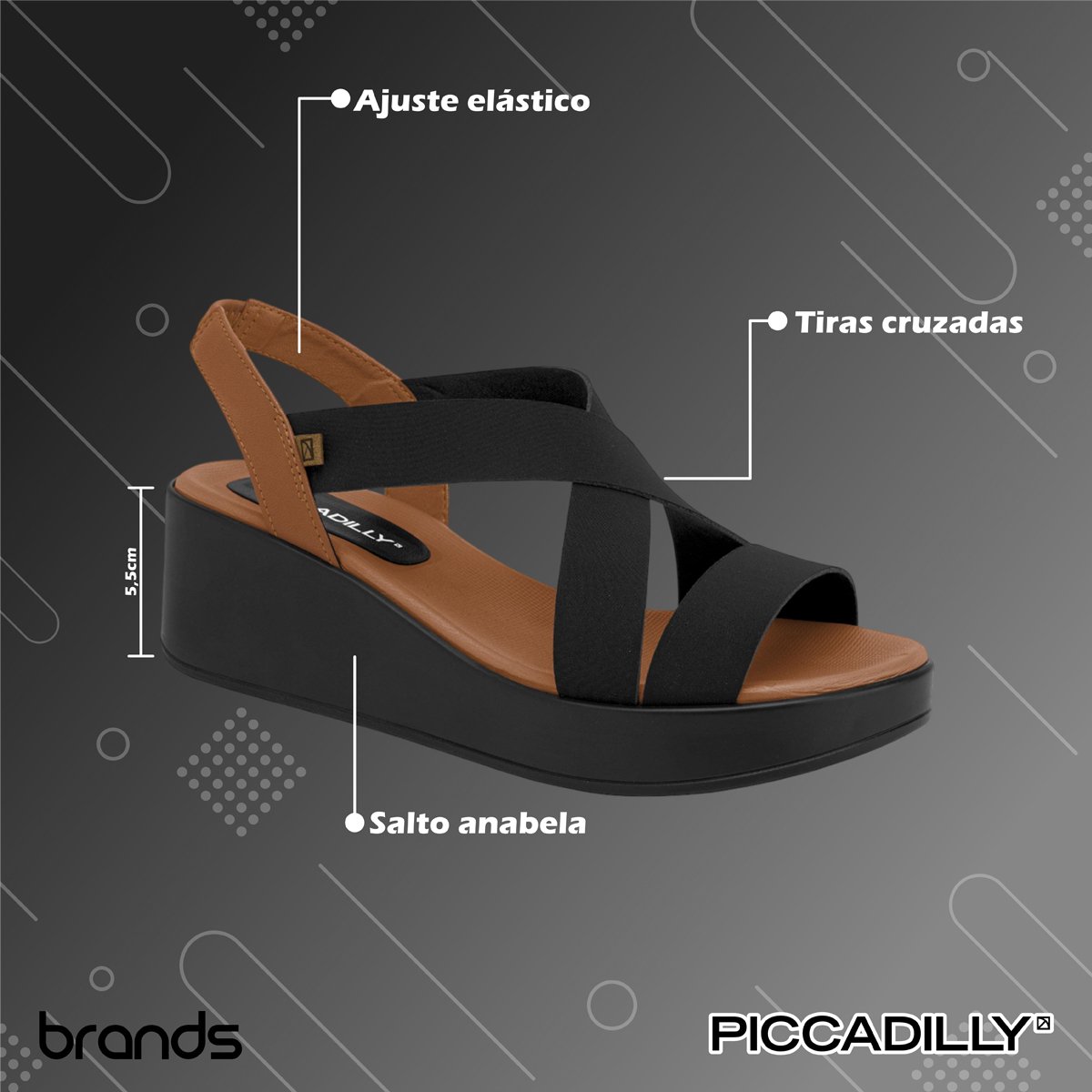 Sandália Casual Salto Anabela Médio Feminina Piccadilly Preto 2