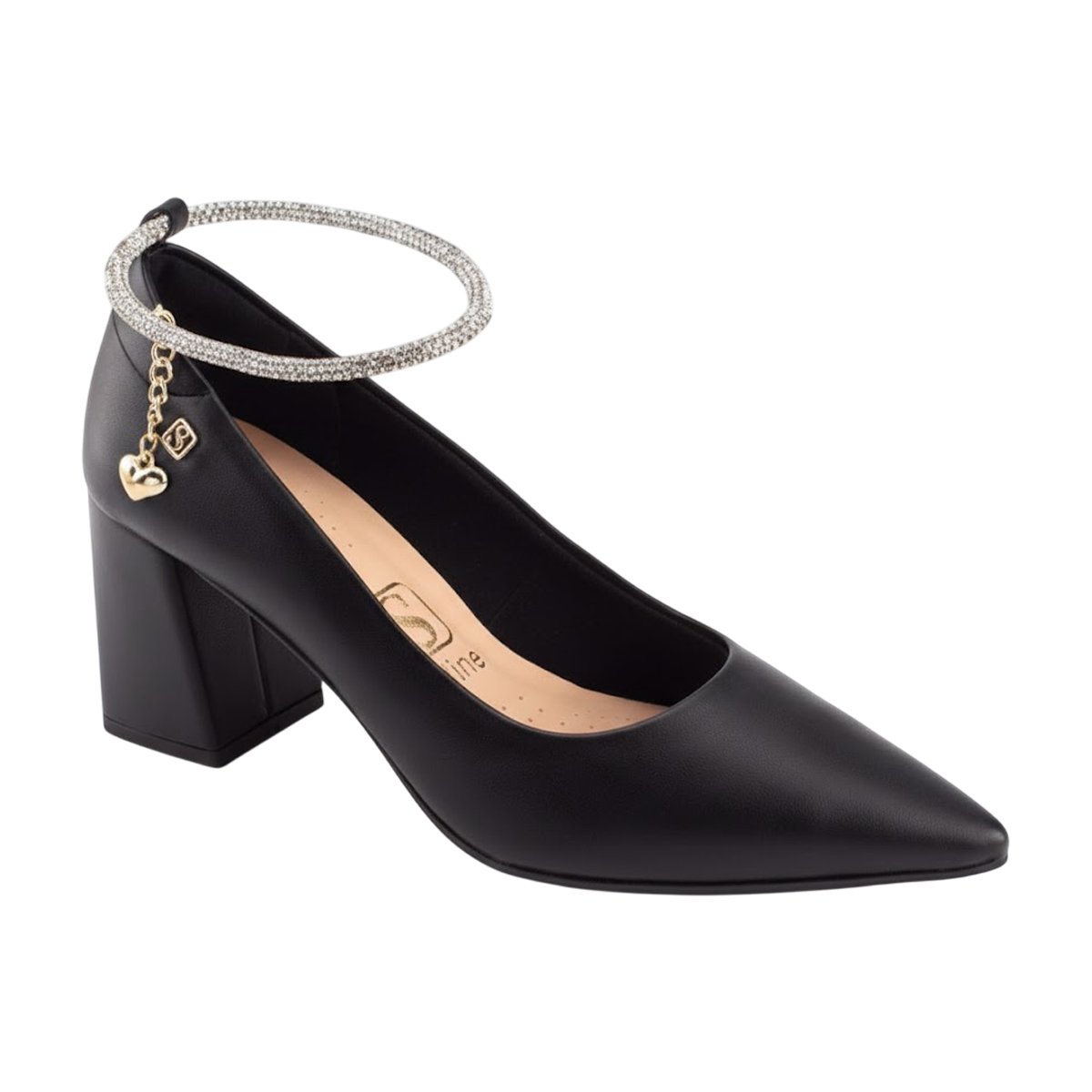 Sapato Scarpin Bico Fino Salto Bloco Tornozeleira em Strass Feminino Santinelli