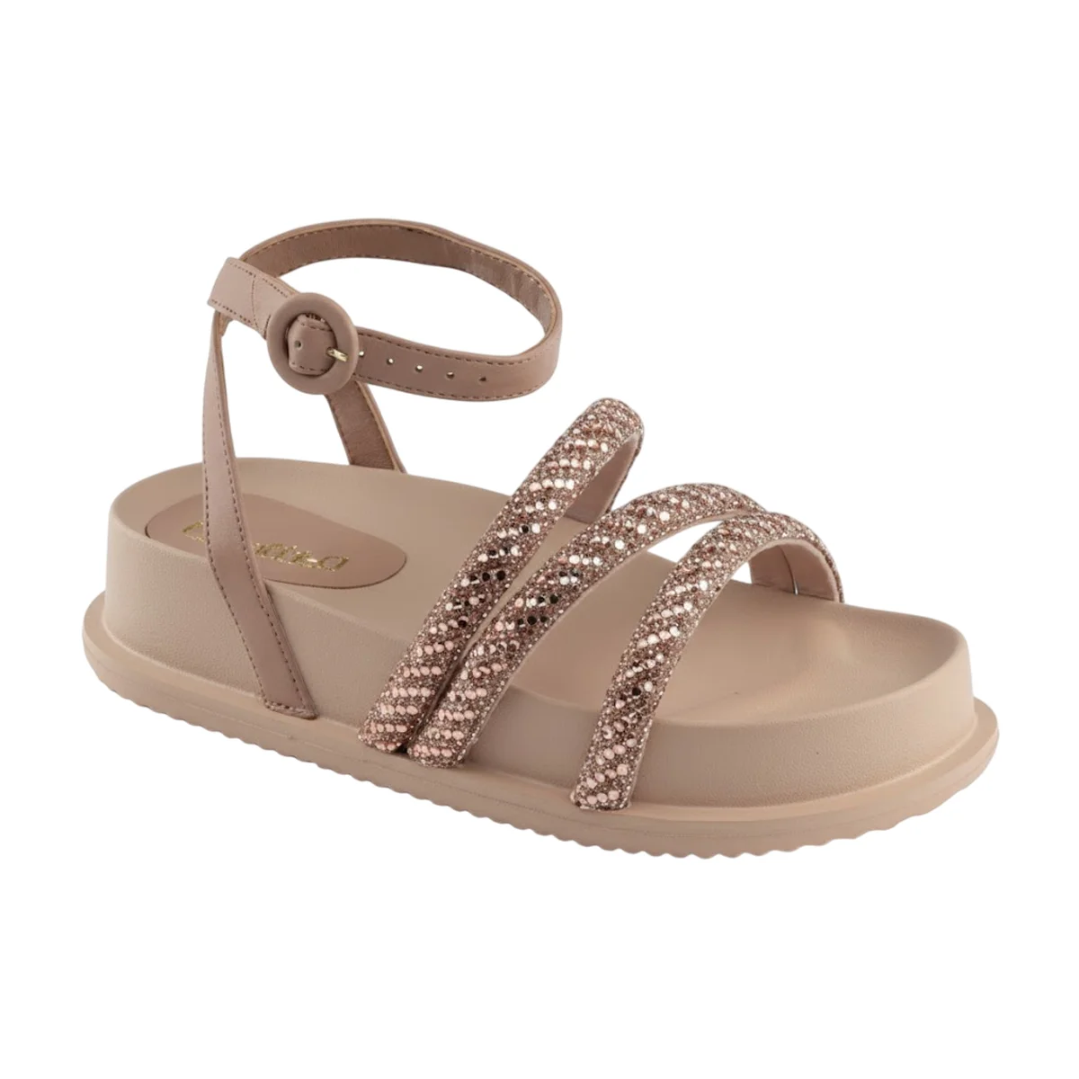 Sandália Papete Brilho Flatform com Ajuste Tornozelo Feminina Santinelli Nude 1