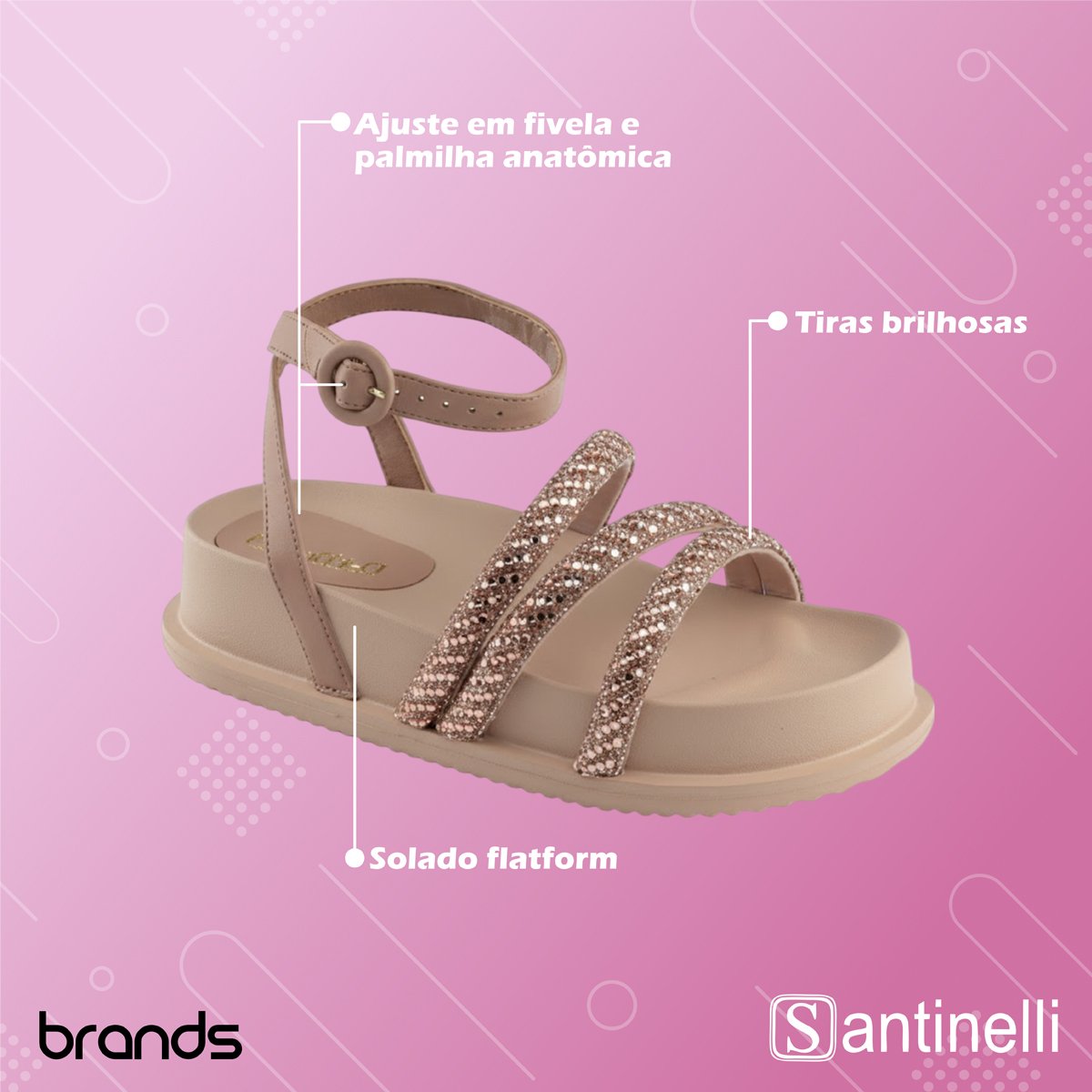 Sandália Papete Brilho Flatform com Ajuste Tornozelo Feminina Santinelli Nude 2