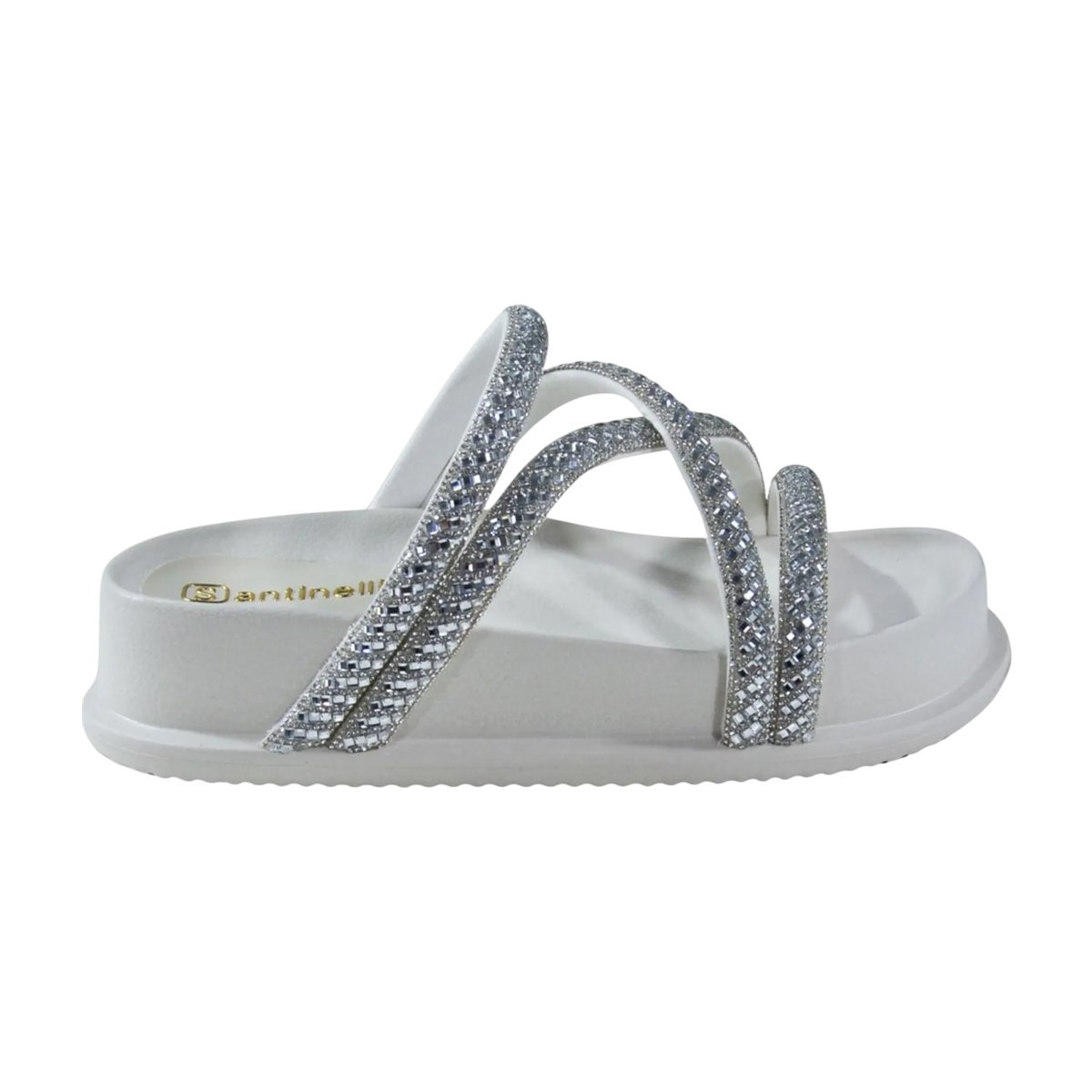 Sandália Papete Flatform Tiras Brilhosas Feminina Santinelli Marfim/Prata 2