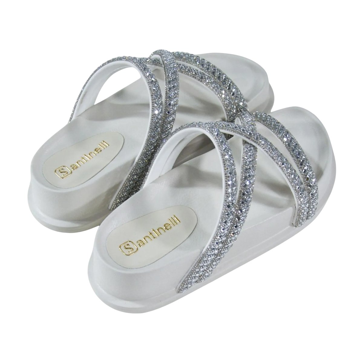 Sandália Papete Flatform Tiras Brilhosas Feminina Santinelli Marfim/Prata 6
