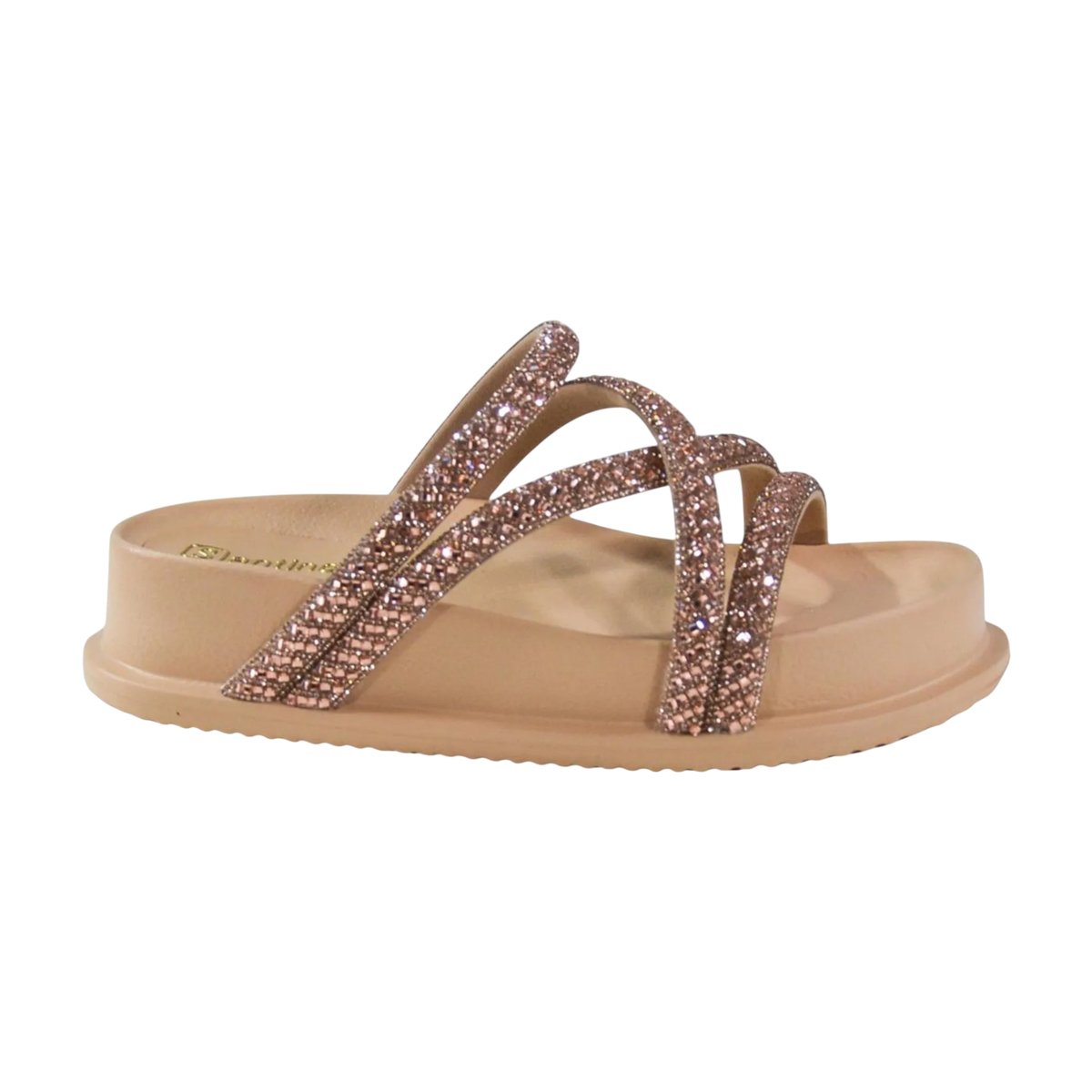 Sandália Papete Flatform Tiras Brilhosas Feminina Santinelli Camel/Cristal 2