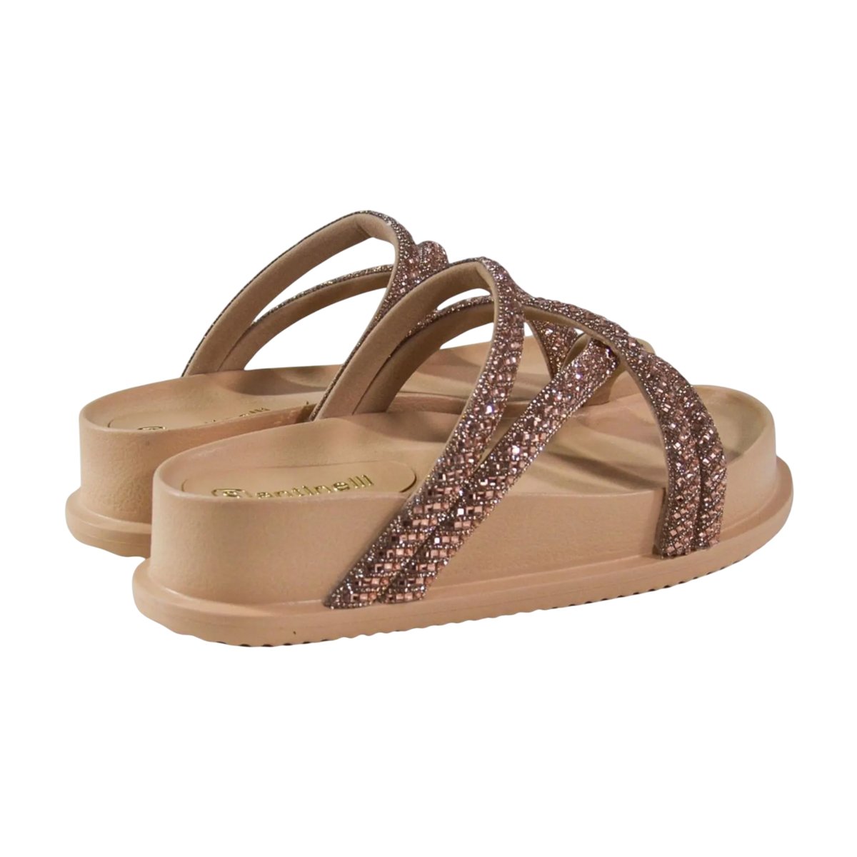Sandália Papete Flatform Tiras Brilhosas Feminina Santinelli Camel/Cristal 6