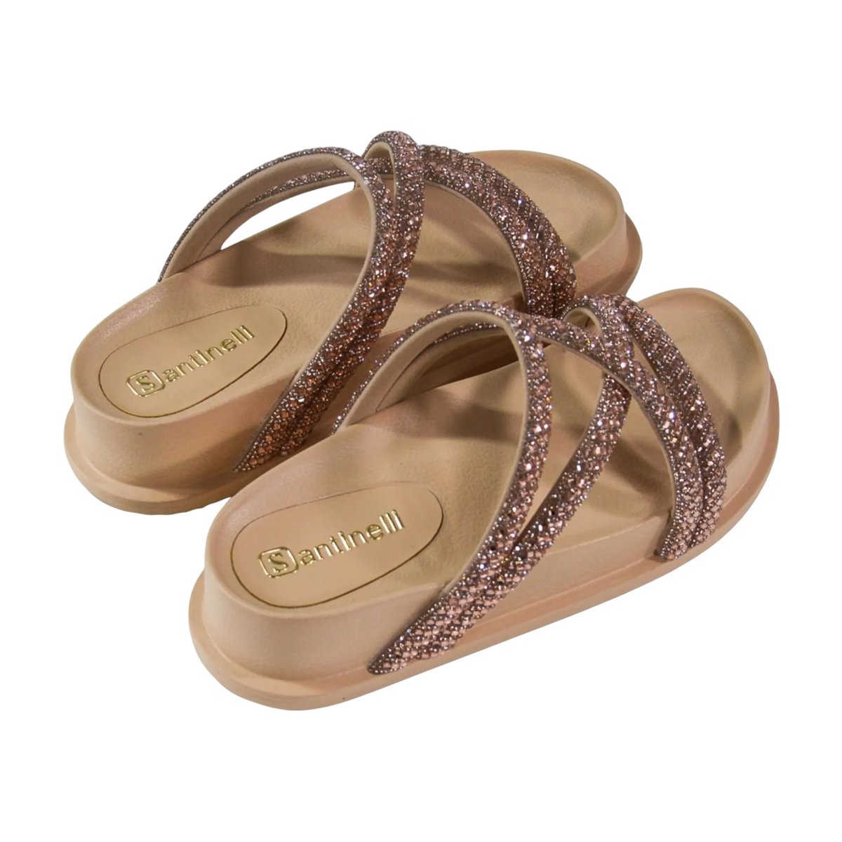 Sandália Papete Flatform Tiras Brilhosas Feminina Santinelli Camel/Cristal 7