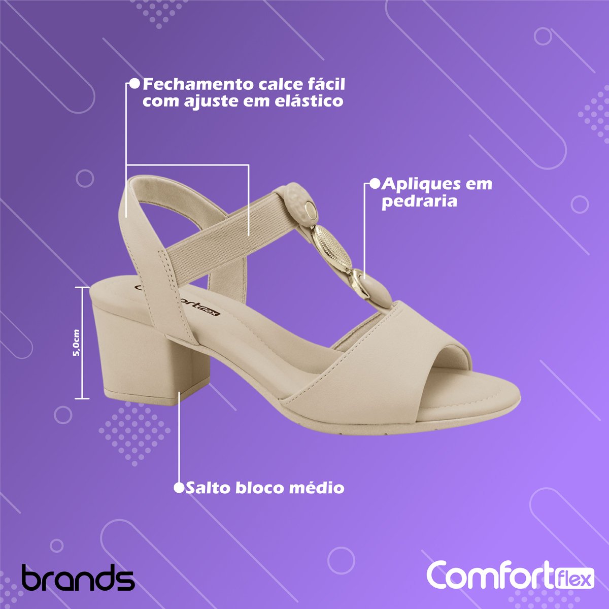 Sandália Casual Salto Bloco Médio Feminina Comfort Flex Bege 2