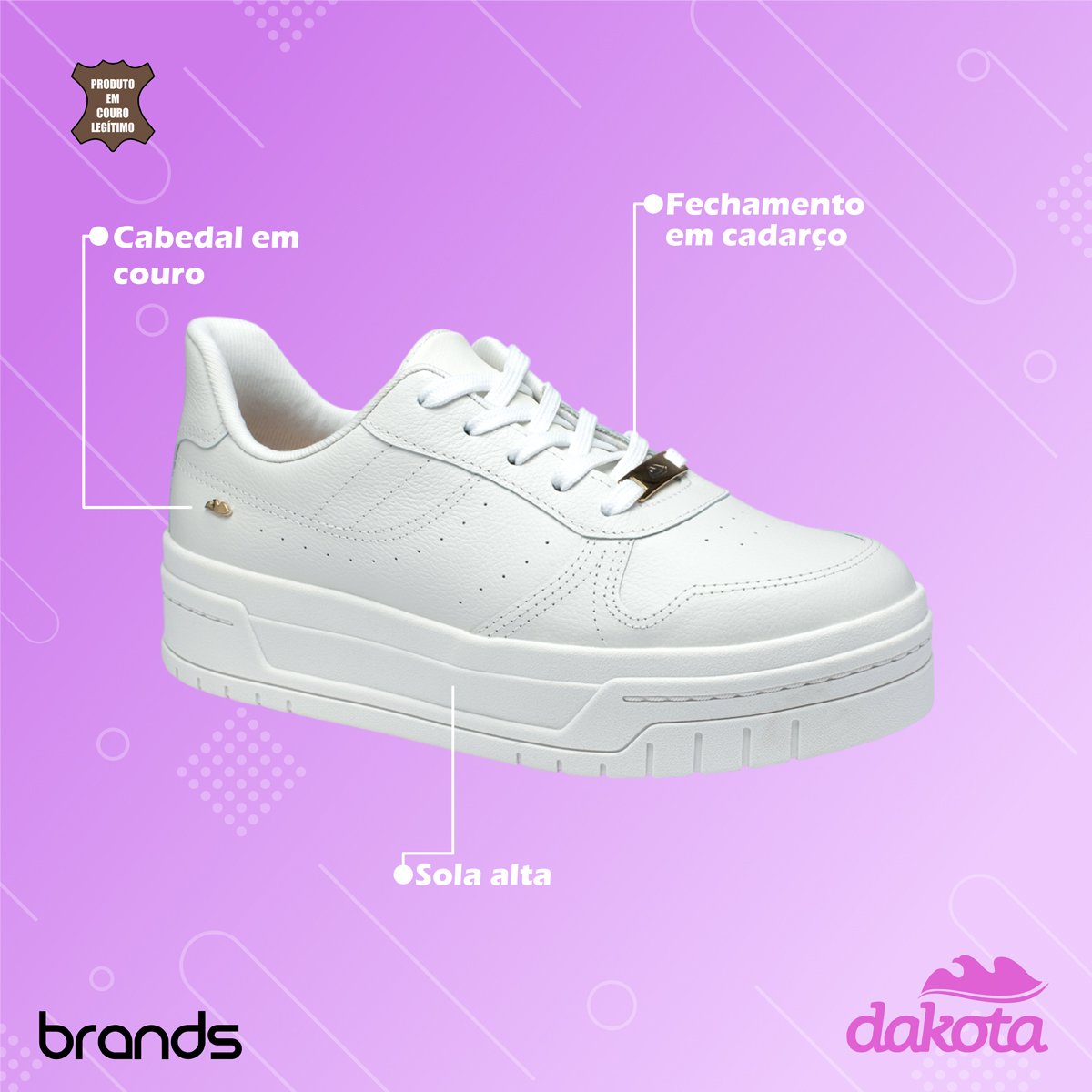Tênis Casual de Couro com Sola Alta Feminino Dakota Branco 2