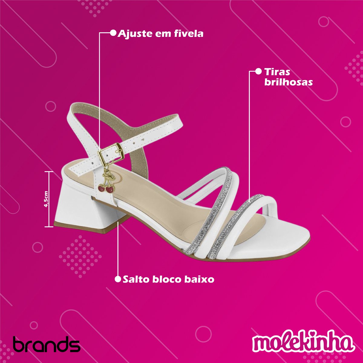 Sandália Casual Salto Bloco Baixo Cherry Menina Molekinha Branco 2
