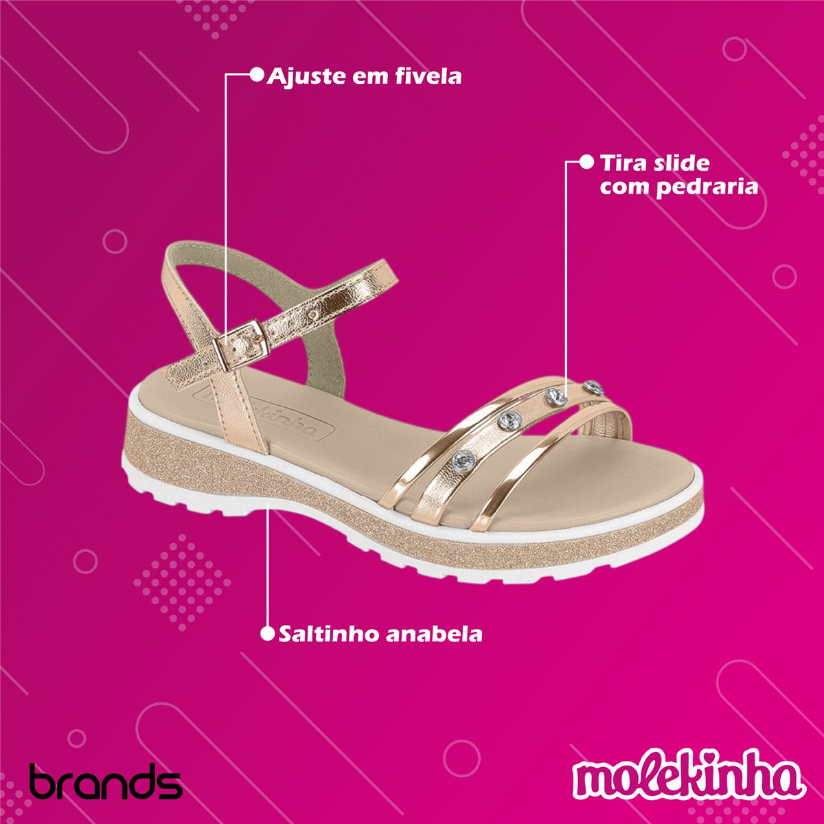 Sandália Casual com Tira Slide Brilho Lateral Menina Molekinha Bronze 2