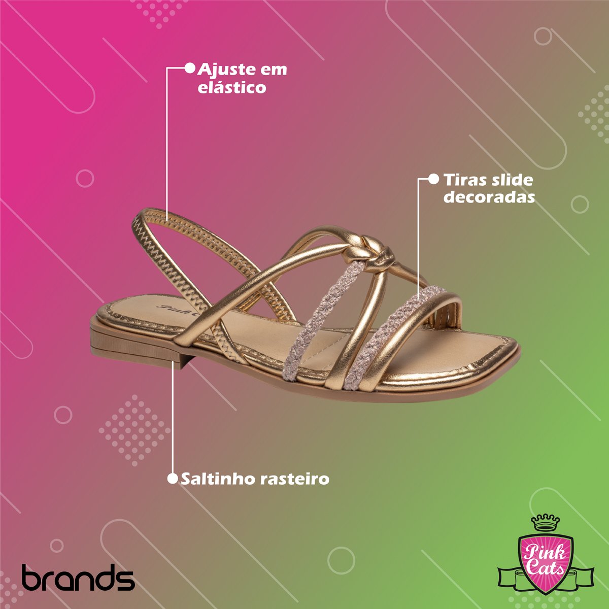 Sandália Rasteira Menina Tiras Metalizadas Estilosa Pink Cats Bronze 2