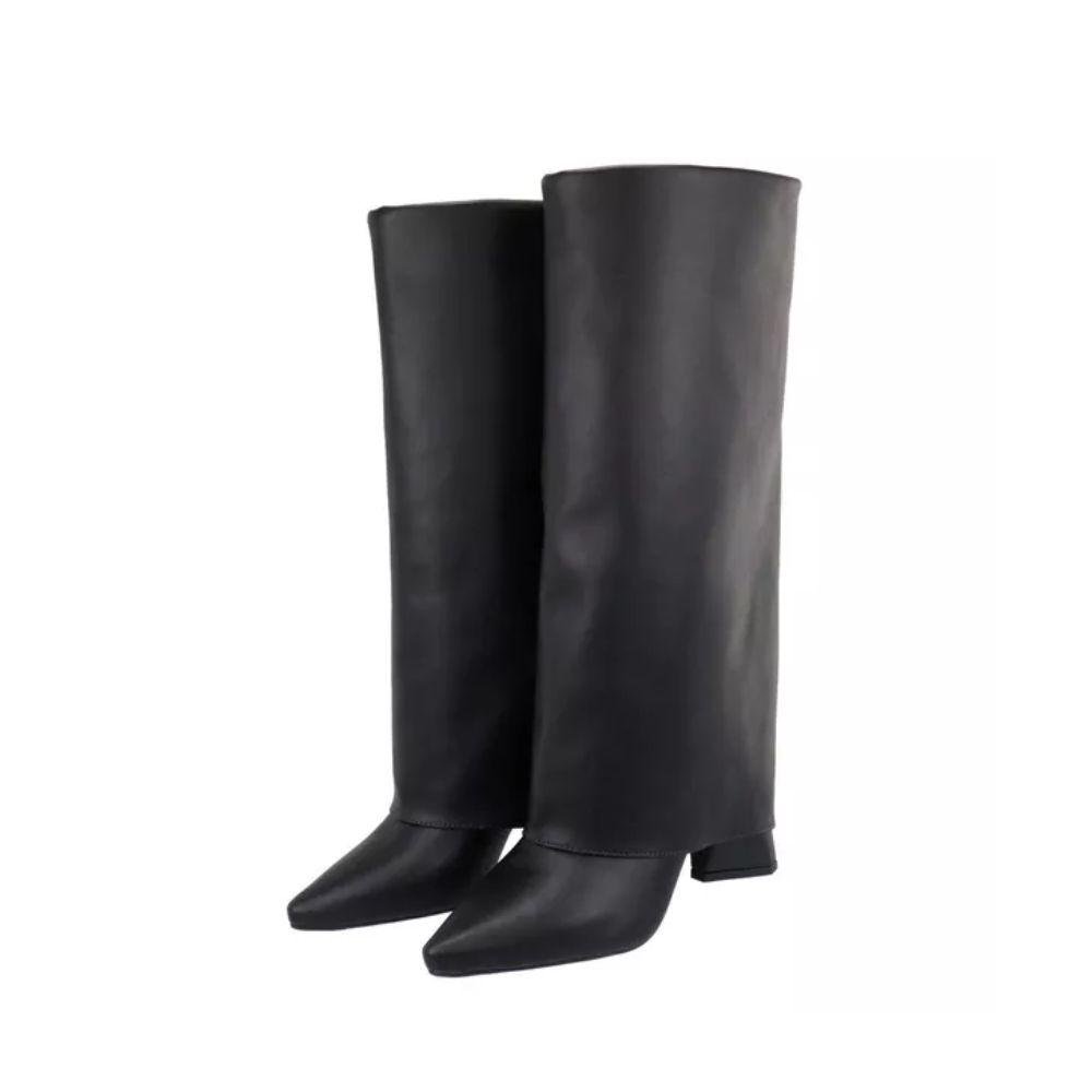 Bota Feminina Capa Salto Alto Grosso Geométrico Bico Fino Preto 3