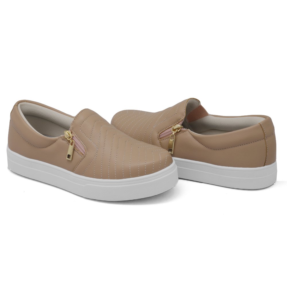 Tênis Slip On Dk Shoes com Ziper Lateral Detalhe em Costura e Sola com Listra Bege 2