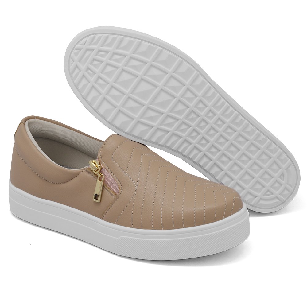 Tênis Slip On Dk Shoes com Ziper Lateral Detalhe em Costura e Sola com Listra Bege 3
