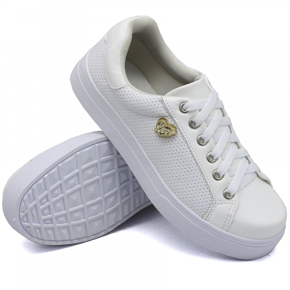 Tênis Casual Love Dk Shoes com Cadarço Sola Reta Detalhe em Perfuros e Metal Branco 1
