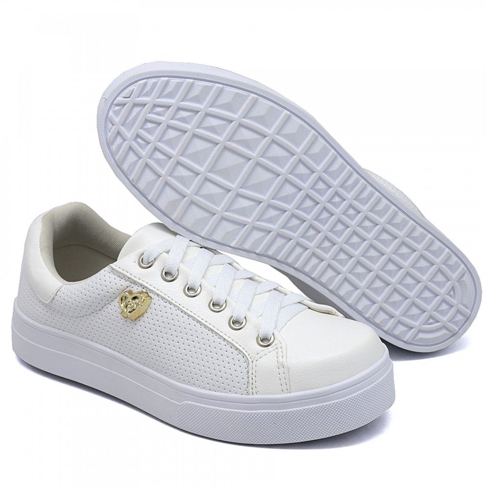 Tênis Casual Love Dk Shoes com Cadarço Sola Reta Detalhe em Perfuros e Metal Branco 2