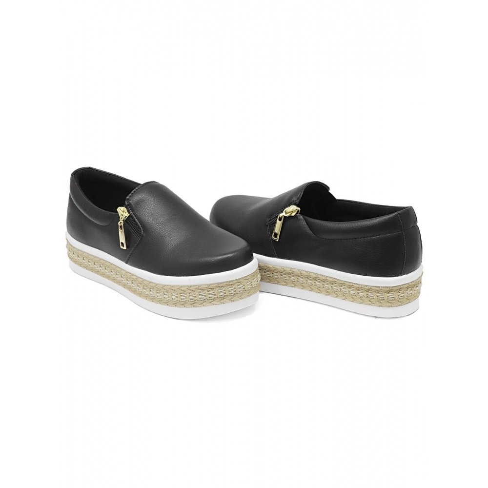 Tênis Slip On Casual Feminino Liso Zíper e Elástico Lateral Sola Plataforma Elegante Preto 1