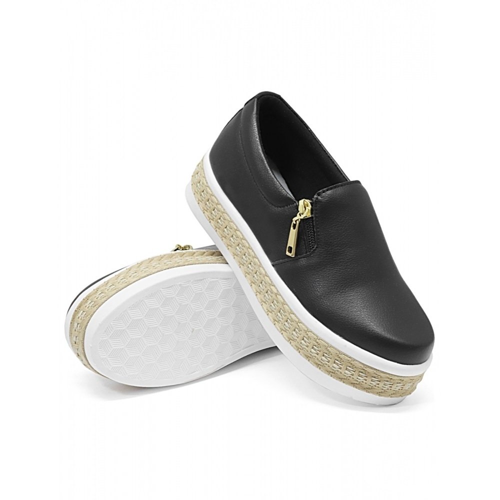 Tênis Slip On Casual Feminino Liso Zíper e Elástico Lateral Sola Plataforma Elegante Preto 2