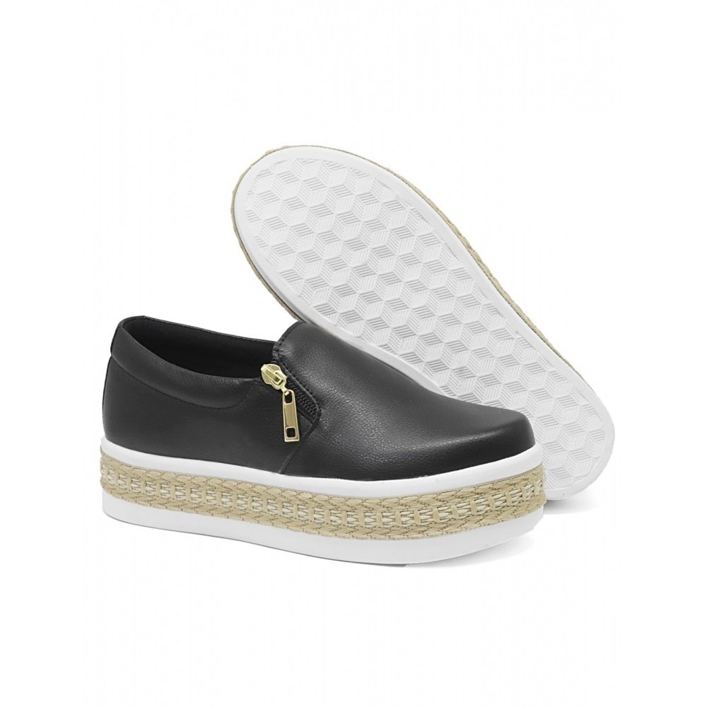 Tênis Slip On Casual Feminino Liso Zíper e Elástico Lateral Sola Plataforma Elegante Preto 3