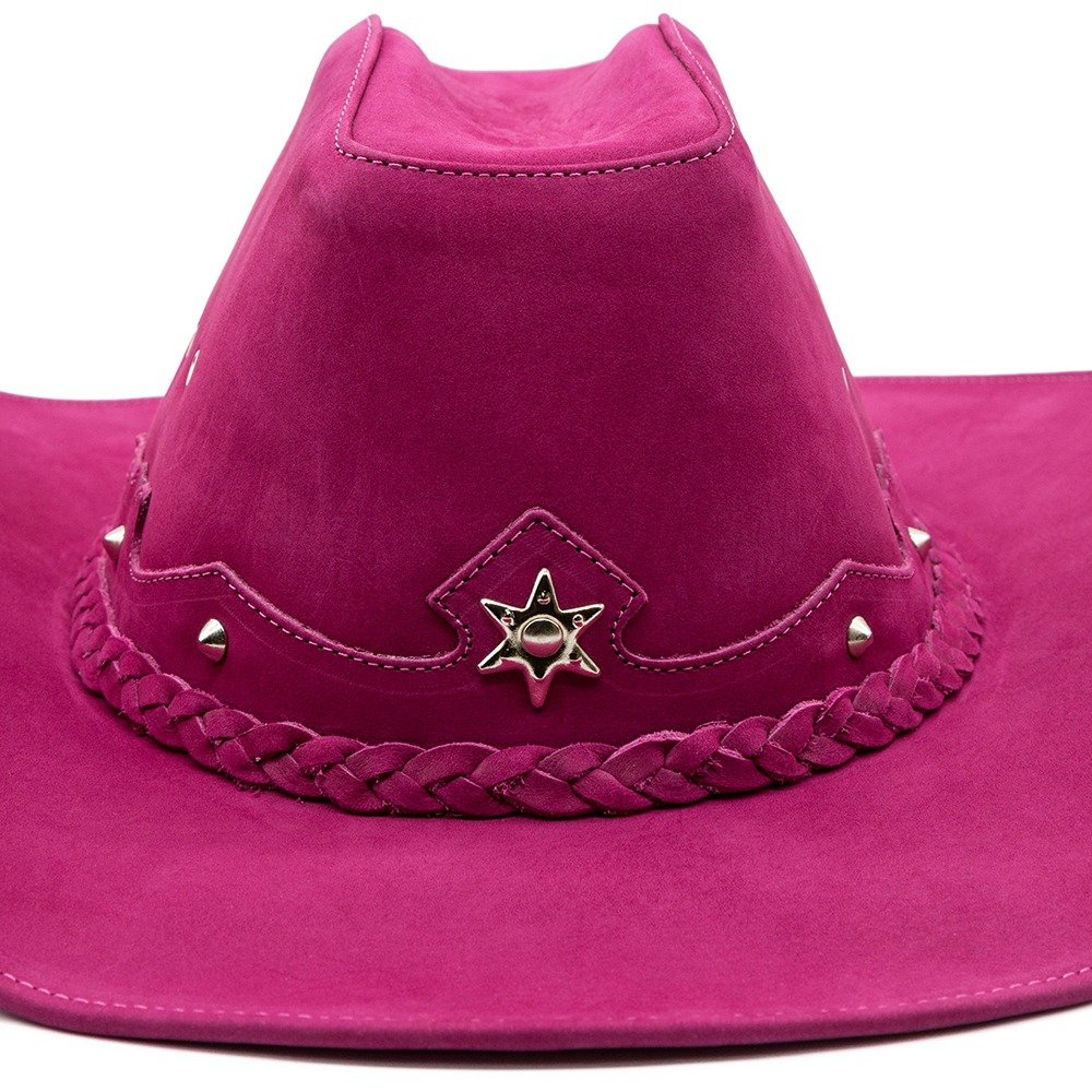 Chapeu Country Couro Americano Australiano Aba Arame em Aço Barretos Rodeio Western Boiadeira Rosa 2