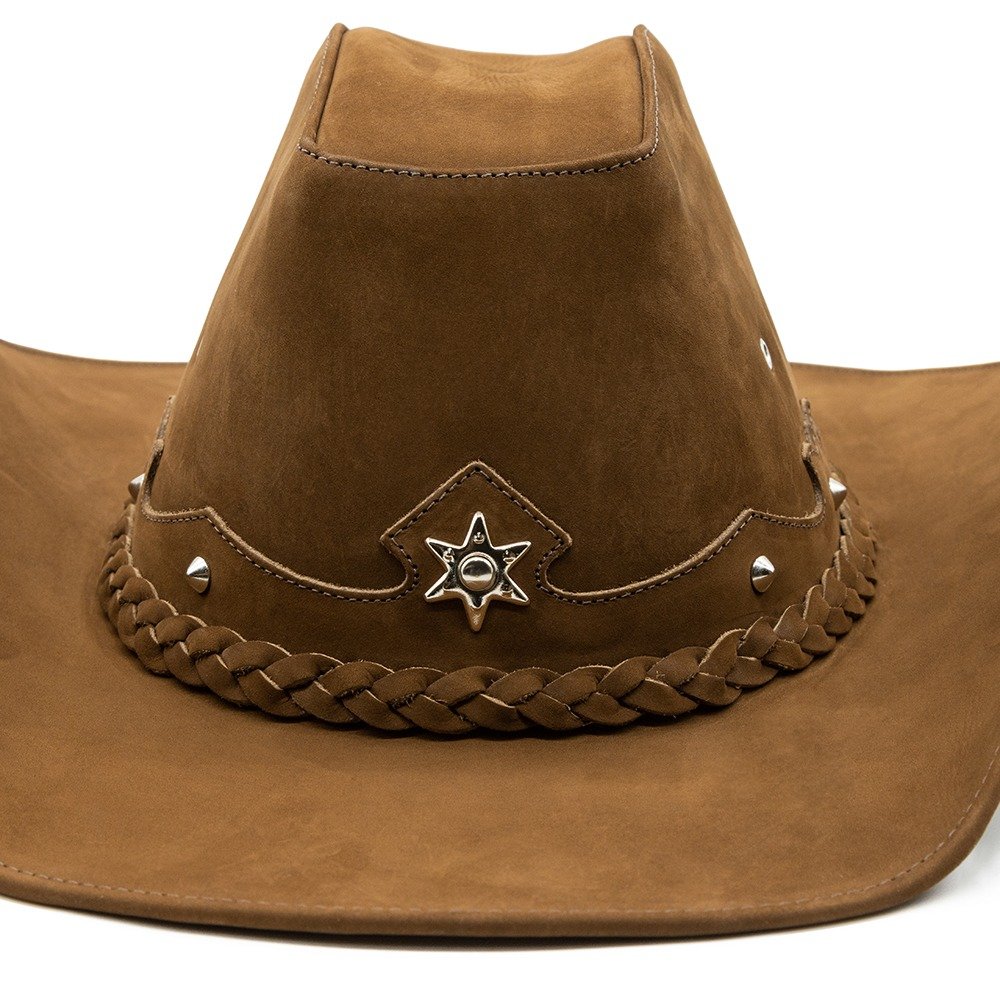 Chapeu Country Couro Americano Australiano Aba Arame em Aço Barretos Rodeio Western Boiadeira Marrom 2