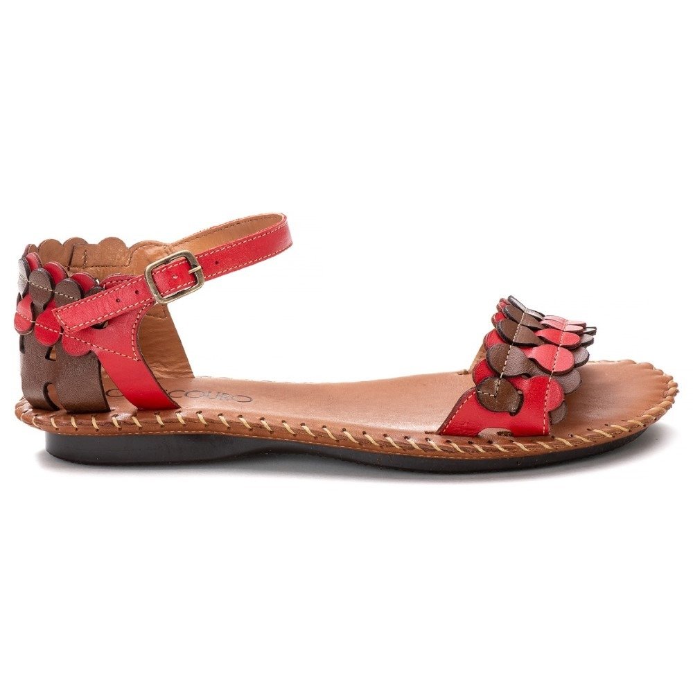Sandalia Retro Feminina Couro Palmilha Confort Classica Fivela Artesanal Super Macia Dia a Dia Marrom/Vermelho 2