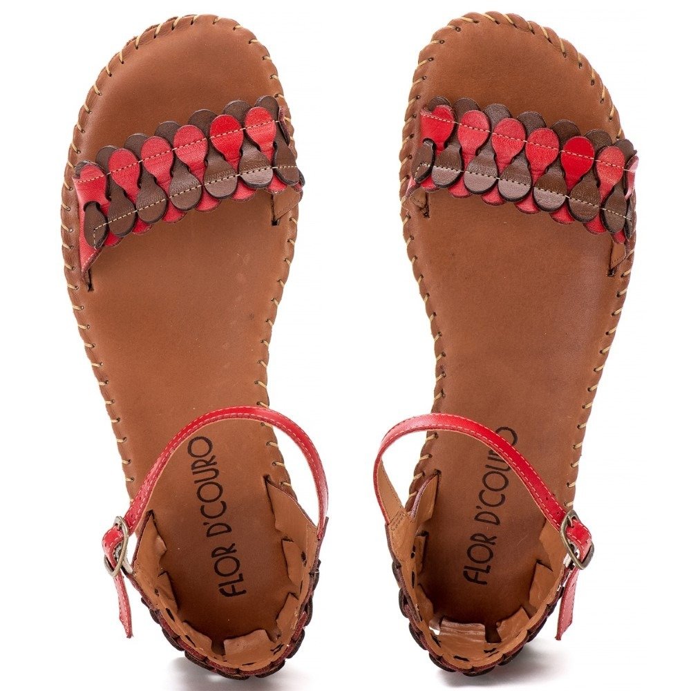 Sandalia Retro Feminina Couro Palmilha Confort Classica Fivela Artesanal Super Macia Dia a Dia Marrom/Vermelho 3