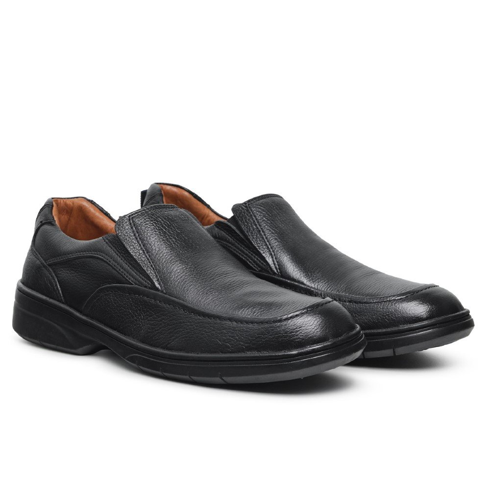 Sapato Social Linha Conforto Masculino Couro Solado Borracha Palmilha PU Gel Elegante Preto 2