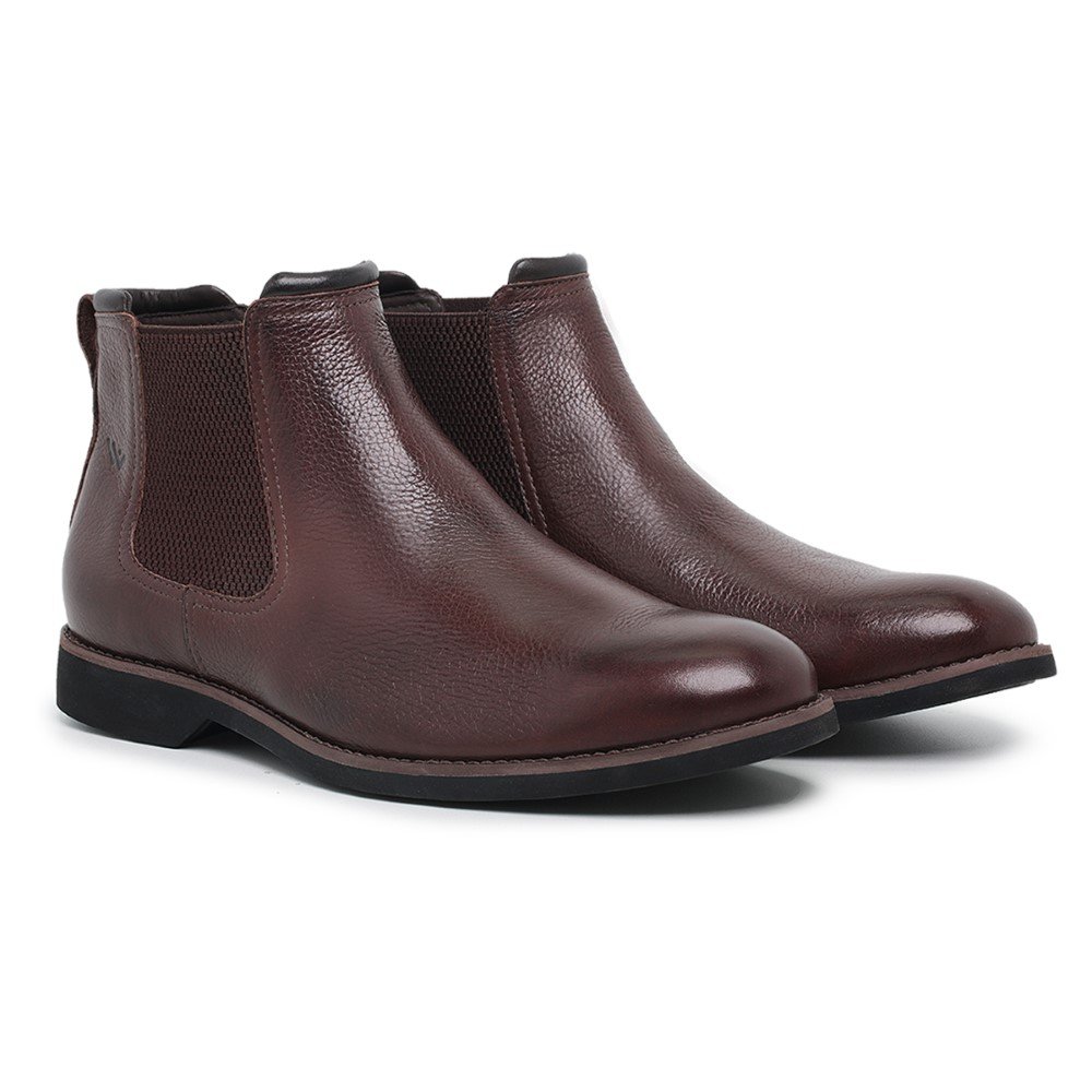 Botina Chelsea de Couro Masculina Bico Redondo Sola Borracha Confortavel Para Trabalho Dia a Dia Marrom 2