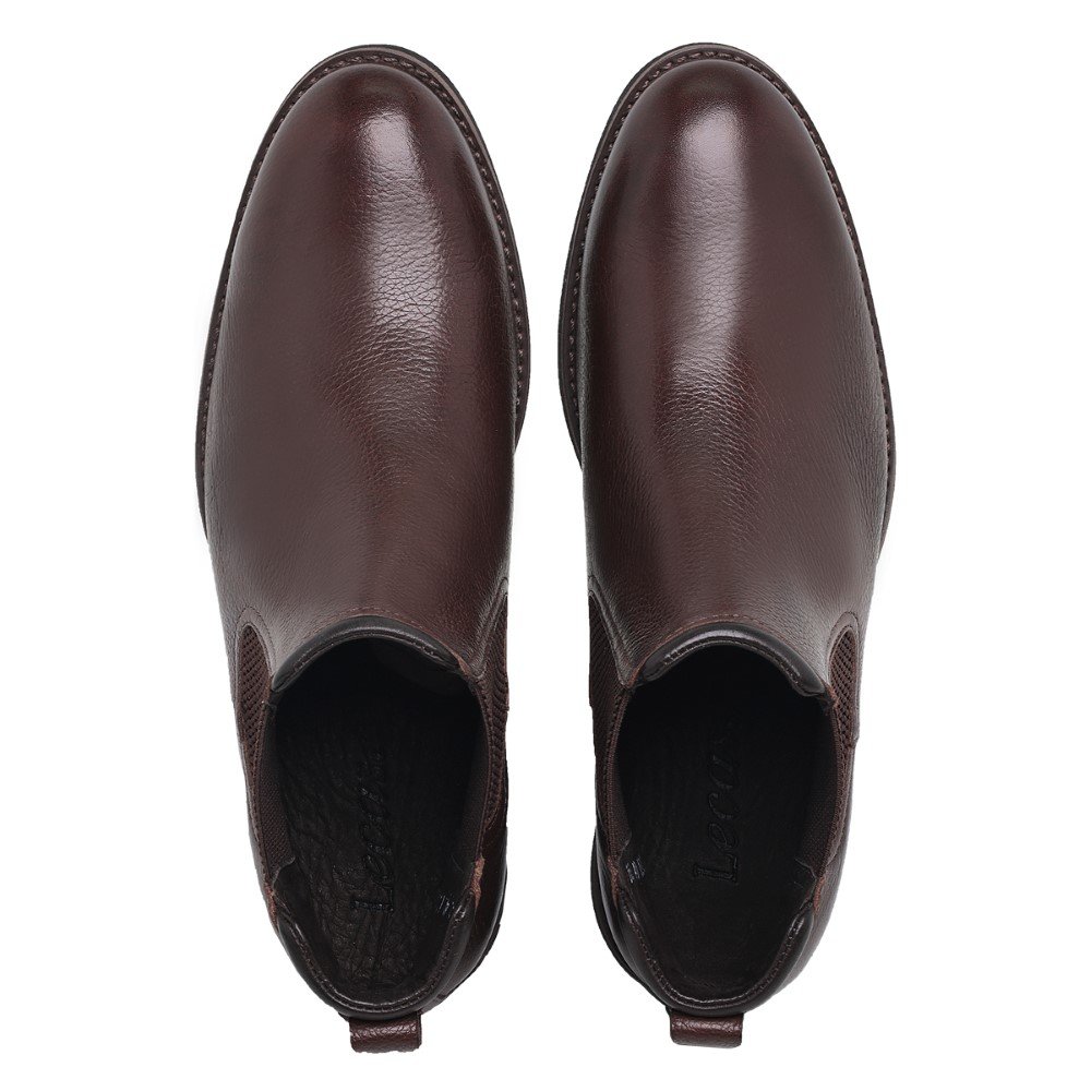 Botina Chelsea de Couro Masculina Bico Redondo Sola Borracha Confortavel Para Trabalho Dia a Dia Marrom 3