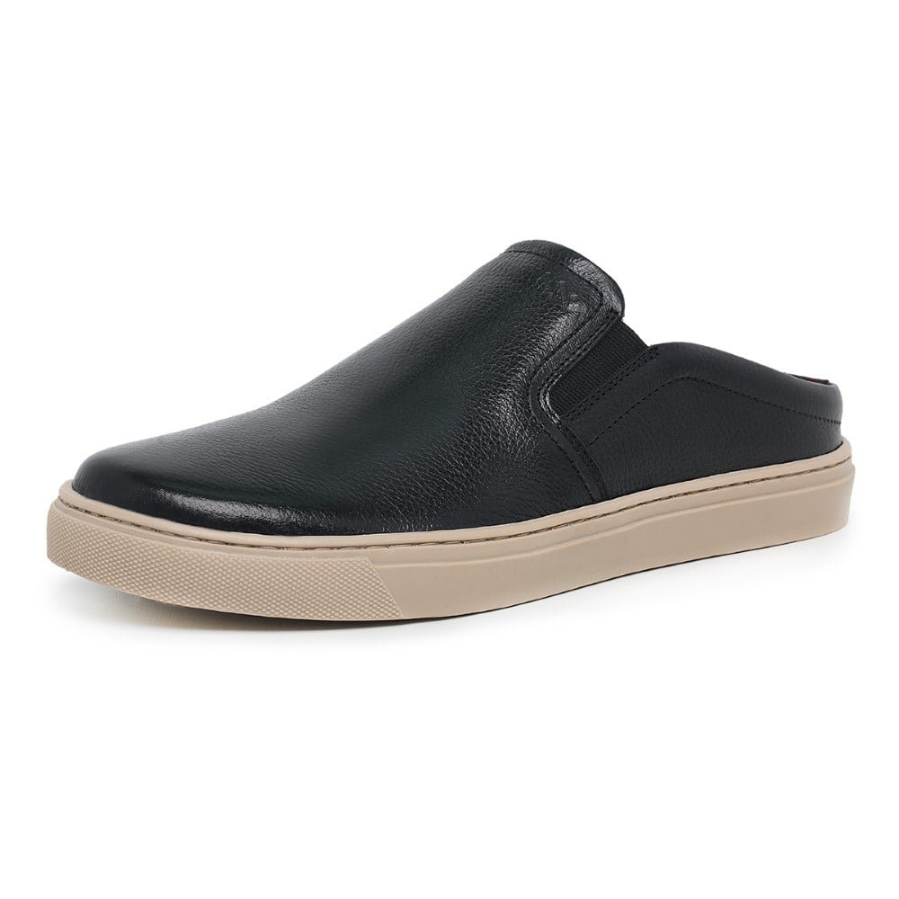 Mule Slip On Casual Couro Masculino Solado Borracha Palmilha Macia Gel Anti-Impacto Preto 1