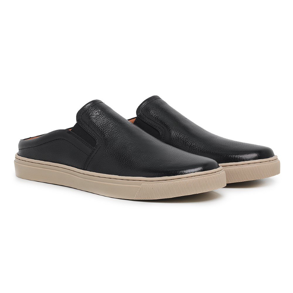 Mule Slip On Casual Couro Masculino Solado Borracha Palmilha Macia Gel Anti-Impacto Preto 2