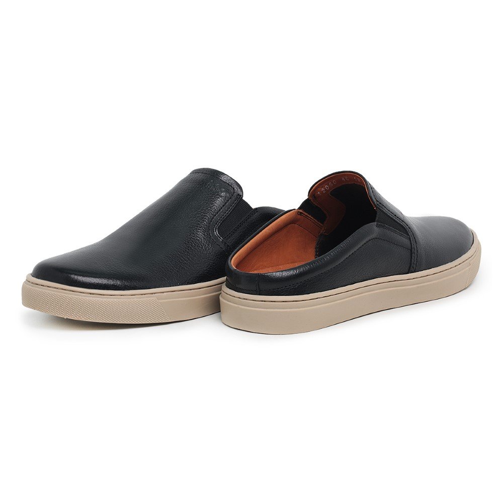 Mule Slip On Casual Couro Masculino Solado Borracha Palmilha Macia Gel Anti-Impacto Preto 3