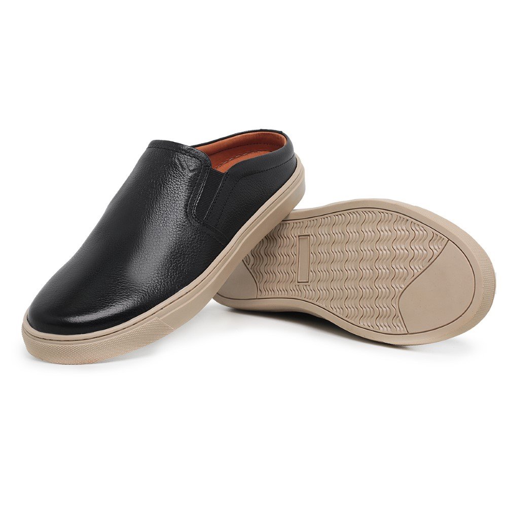 Mule Slip On Casual Couro Masculino Solado Borracha Palmilha Macia Gel Anti-Impacto Preto 4